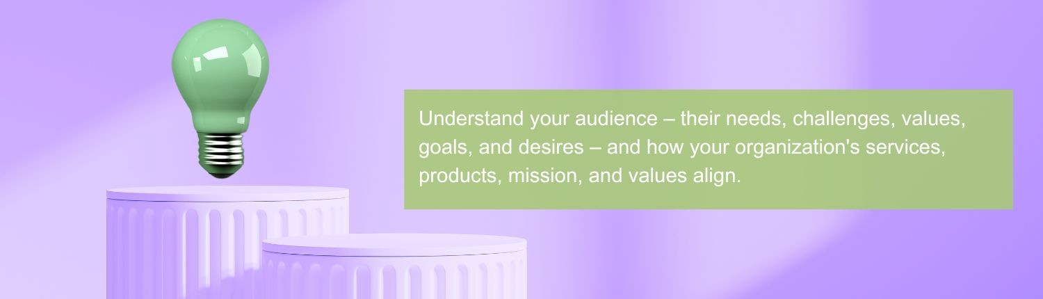 Image of a light bulb with text: Understand your audience – their needs, challenges, values, goals, and desires – and how your organization's services, products, mission, and values align.
