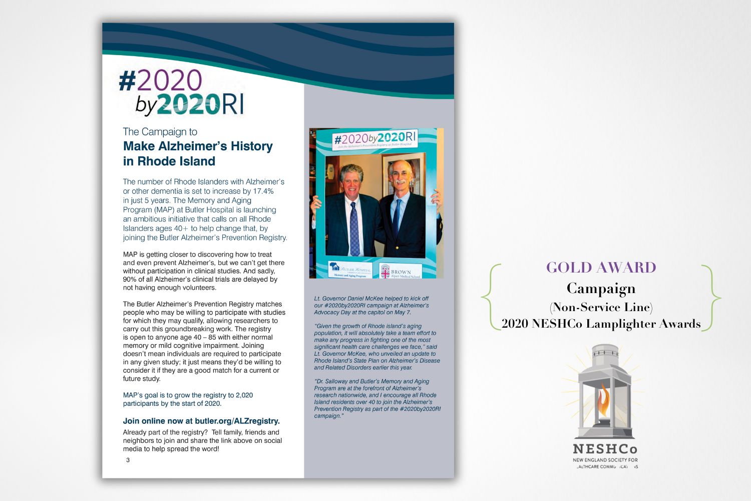 Image of magazine page titled "#2020by2020RI - The Campaign to Make Alzheimer's History in Rhode Island"