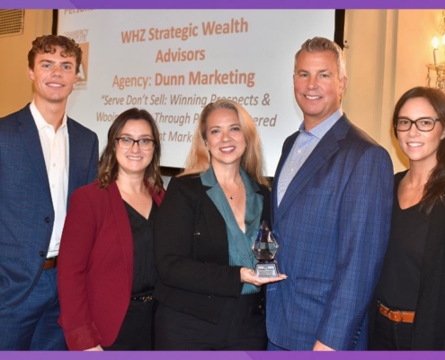 Dunn Marketing and WHZ Strategic Wealth Advisors at the 2024 Gramercy Institute Financial Content Marketing Awards. Pictured left to right: Dunn Marketing Junior Account Executive Blake Zahansky; Dunn Marketing Vice President, Client Services Marci Seney; Dunn Marketing CEO and Chief Brand Strategist Laura Dunn; WHZ Strategic Wealth Advisors Principal/Managing Partner and Chief Goals Strategist James Zahansky; WHZ Strategic Wealth Advisors Associate Vice President, Client Experience and Relationships Kate Pitts.