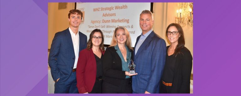 Dunn Marketing and WHZ Strategic Wealth Advisors at the 2024 Gramercy Institute Financial Content Marketing Awards. Pictured left to right: Dunn Marketing Junior Account Executive Blake Zahansky; Dunn Marketing Vice President, Client Services Marci Seney; Dunn Marketing CEO and Chief Brand Strategist Laura Dunn; WHZ Strategic Wealth Advisors Principal/Managing Partner and Chief Goals Strategist James Zahansky; WHZ Strategic Wealth Advisors Associate Vice President, Client Experience and Relationships Kate Pitts.