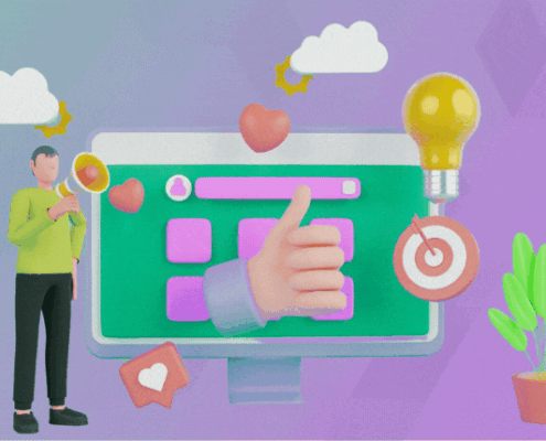 3d graphic of man standing next to large computer screen with social icons, bullseye, light bulb and clouds floating nearby