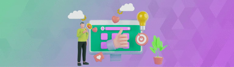 3d graphic of man standing next to large computer screen with social icons, bullseye, light bulb and clouds floating nearby
