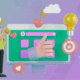 3d graphic of man standing next to large computer screen with social icons, bullseye, light bulb and clouds floating nearby