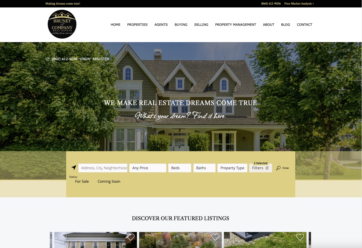 Homepage of brunetandcompany.com, showing an image of a home and a real estate search bar.