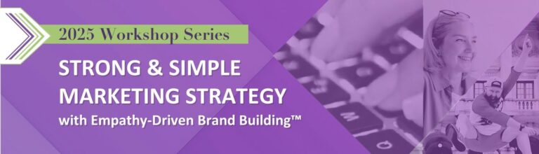purple background with collage of black and white photos showing a woman at a microphone, a man jumping up enthusiastically, and fingers typing on a keyboard, and text: marketing workshops 2025: strong and simple marketing strategy