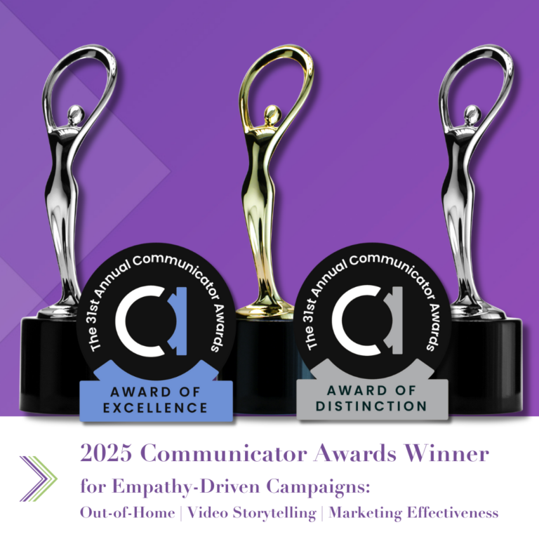 2 silver and one gold statues from 2025 Communicator Awards