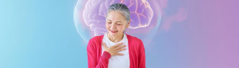 A woman in a pink sweater smiling with her hand over her chest, over a light blue and purple background with the image of a pink and purple glowing brain behind her head