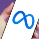 purple background with arm and hand in view holding a smart phone with the Meta logo on the screen
