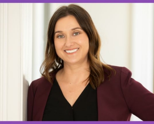 Marci Seney pictured smiling on a purple background with the CDMP and PCM certification seals on either side of her photo