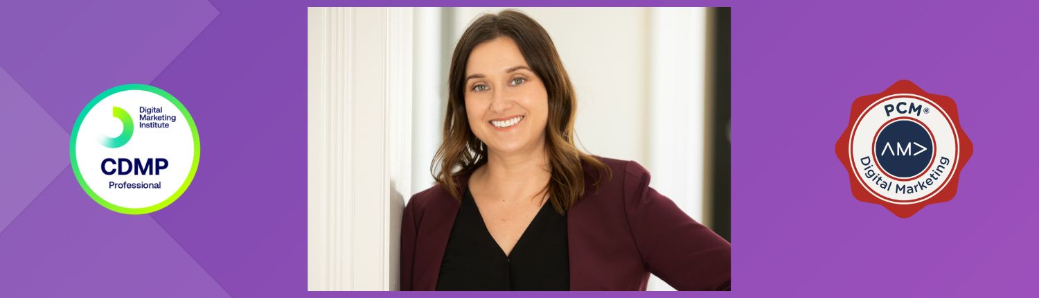 Marci Seney pictured smiling on a purple background with the CDMP and PCM certification seals on either side of her photo