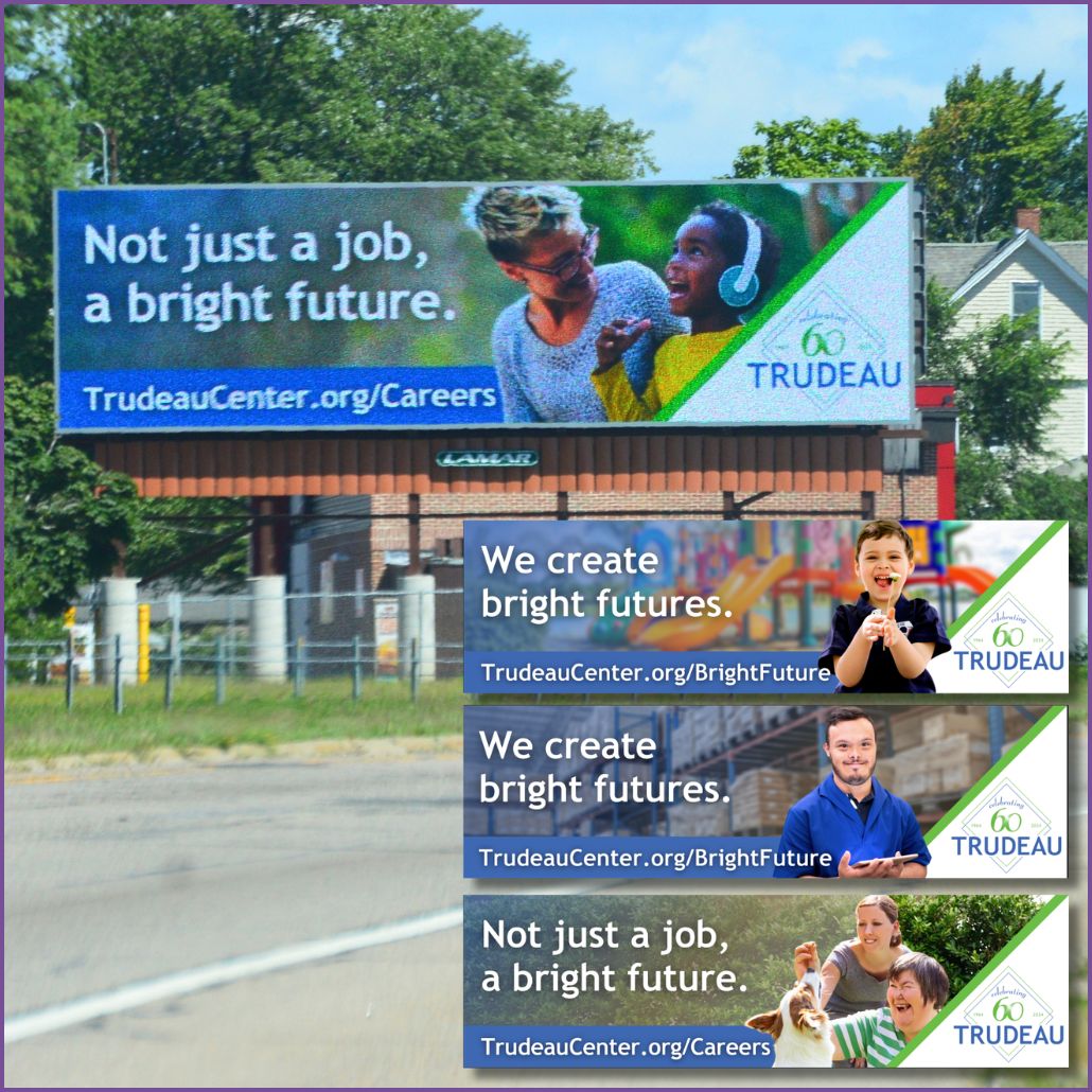 photo of a billboard overlaid with three more billboard designs in the corner