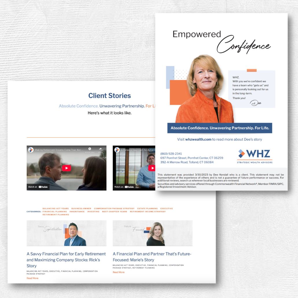 images of a print ad and client stories website landing page for WHZ Strategic Wealth Advisors