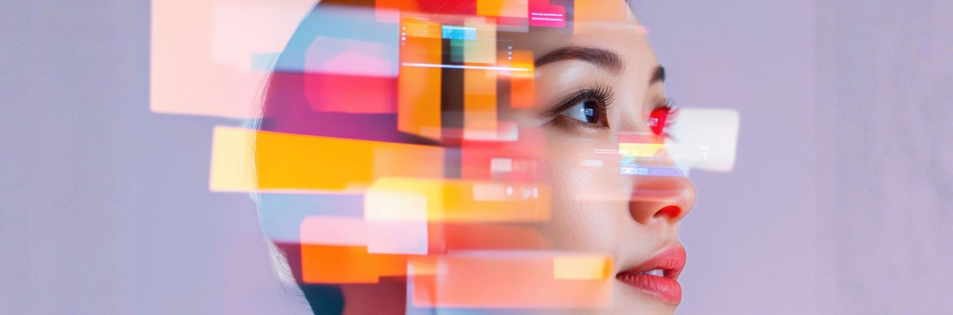 close up of a woman's face looking out at something interesting with reflecting colorful lights layered over her