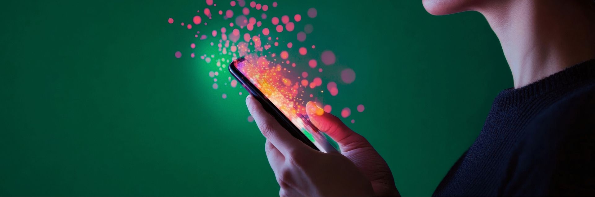 hand holding smart phone with bright pink, purple, and orange colors coming off screen over a green background