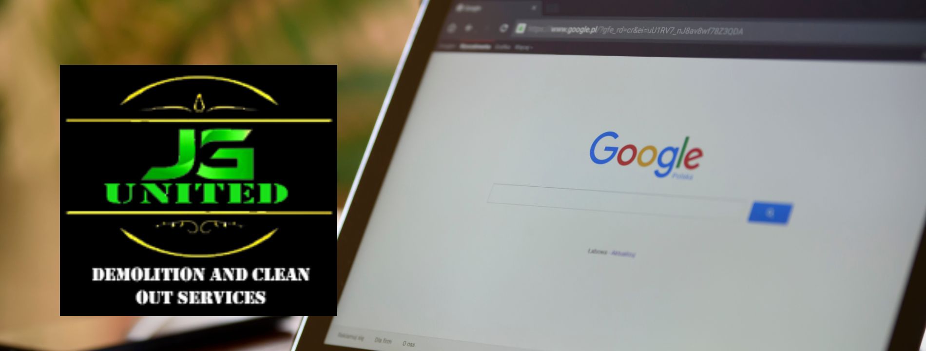 an open laptop with Google search on the screen, overlaid with a JG United, Inc. logo