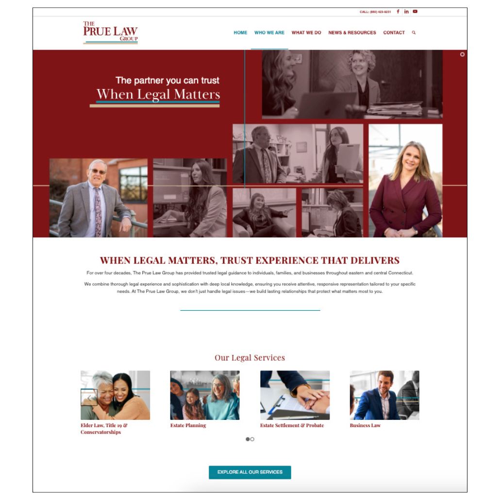 website homepage of The Prue Law Group with a maroon header covered by a collage of photos
